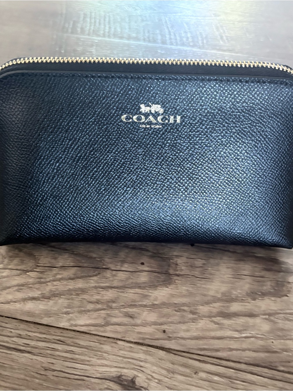 Coach Black Pebbled Leather Cosmetic Zip Pouch with Gold Logo